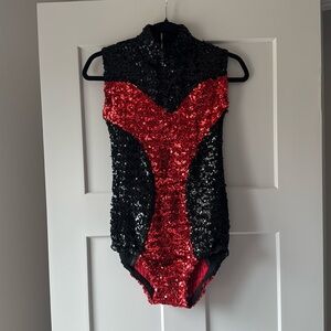 Vintage 1970s Sequin Majorette Leotard – Red & Black  Size Small Stage Costume